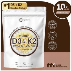 Vitamin D3 10000 IU K2 MK-7 200mcg Virgin Coconut Oil Softgels