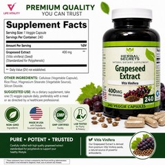 Grapeseed Extract 400mg 240 Capsules Antioxidant Support Vitis Vinifera NOM GMO