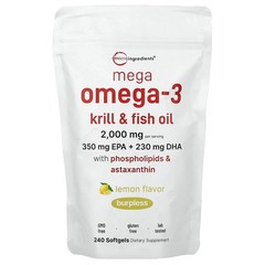 Mega Omega-3 Krill & Fish Oil With Phospholipids & Astaxanthin, Lemon, 240