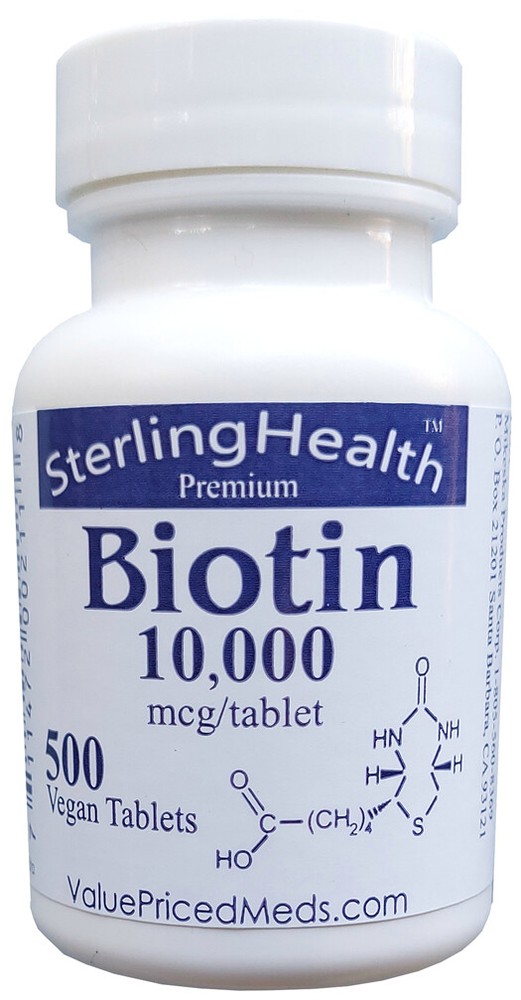 Biotin 10000 mcg, 500 tablet bottle, or 1 (one) tablet sample pack, biotin 10mg