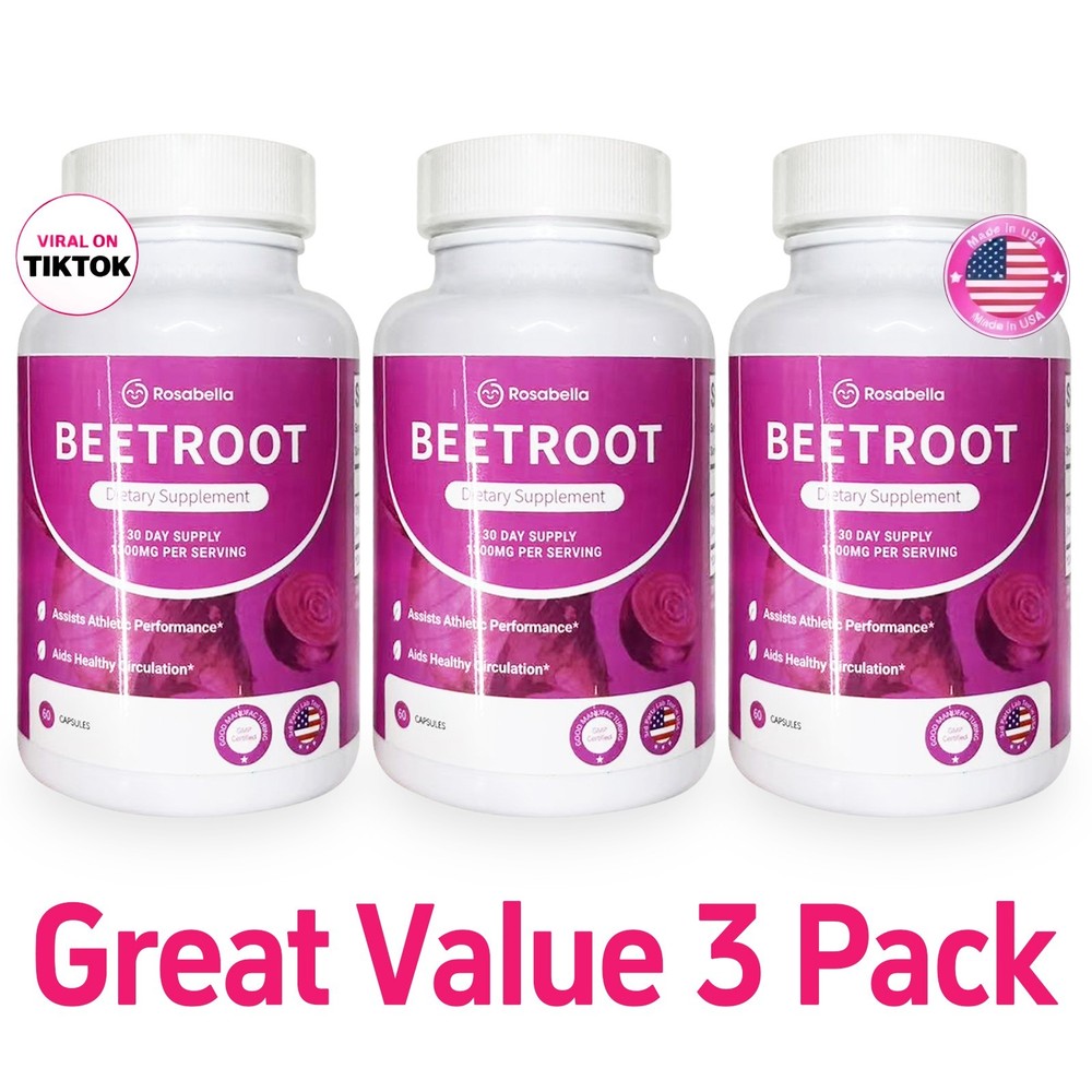 3PCS Rosabella Organic Beet Root 60 Capsules Natural Energy BoostBlood Pressure