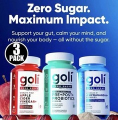 3 Bottles Goli Zero Sugar Best Seller Trio Set Gummies, 60 Counts Per Bottle USA