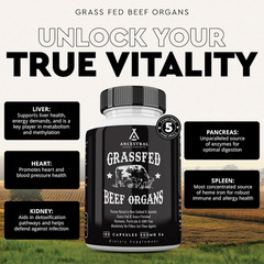 Ancestral Supplements Grass Fed Beef Organ Blend, Liver, Heart, Kidney, 180 Caps