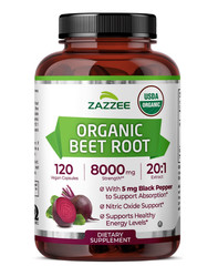 USDA Organic Beet Root 8000 mg Strength 20:1 Extract, 120 Vegan Capsules, Kosher