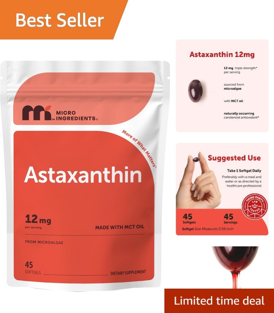 Triple Strength Astaxanthin 12mg Softgels Infused with MCT Oil – 45 Count