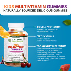 Zaytun Vitamins Halal Kids Multivitamin Gummies, Natural, 90 Gummies Made in USA