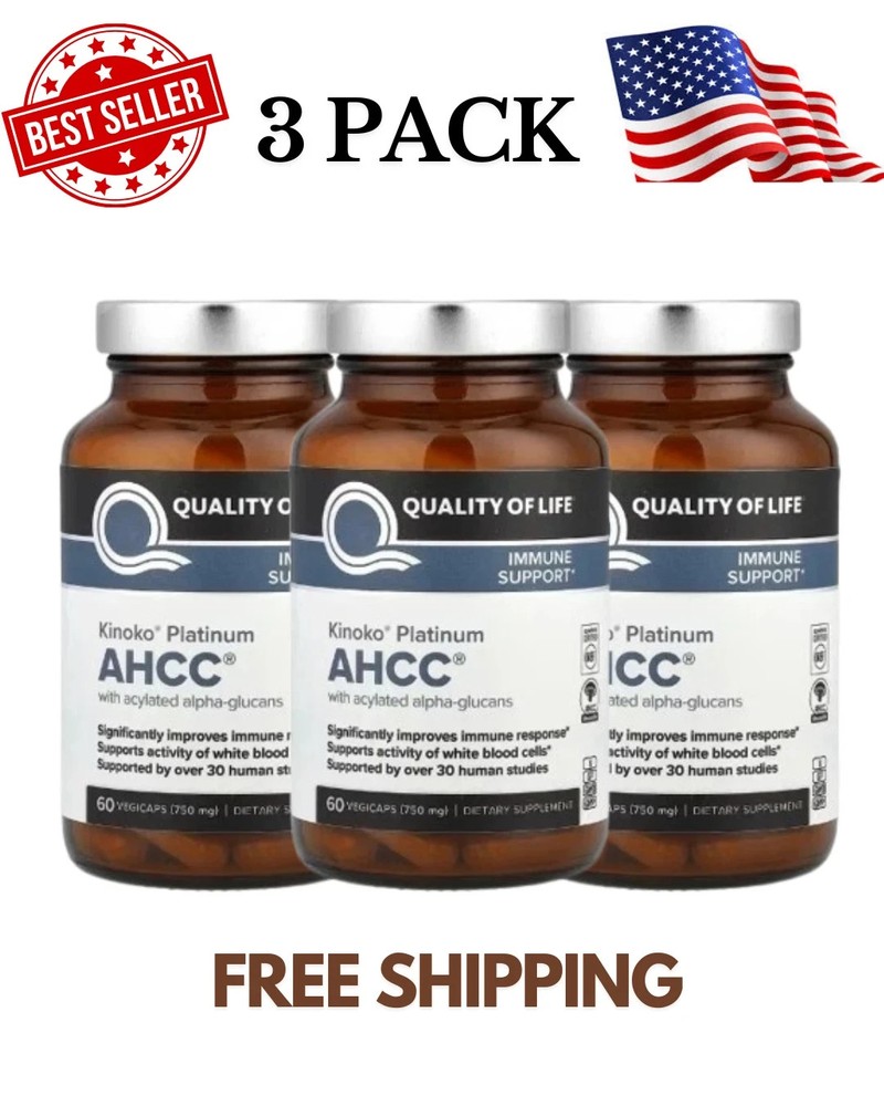 Kinoko Platinum PACK, 3 AHCC, Immune Support, 750 mg, 60 capsules each 180 total