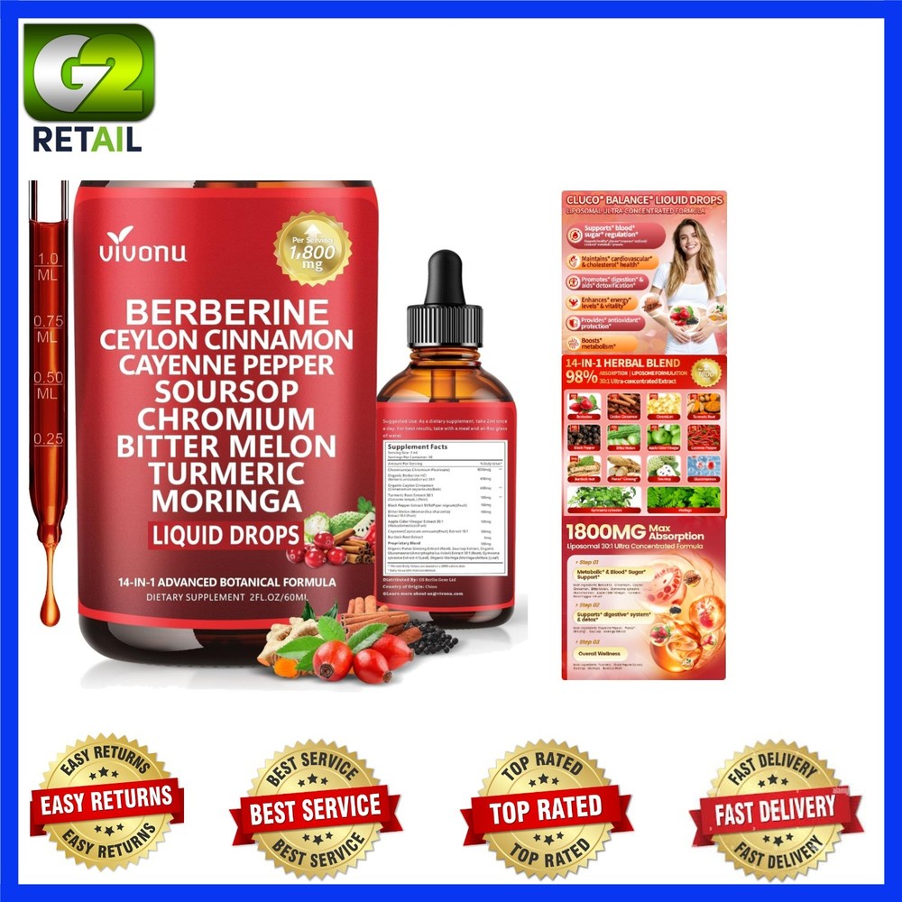 14-in-1 Berberine with Ceylon Cinnamon Supplement Liquid Drops, 1800mg + 30:1 Li