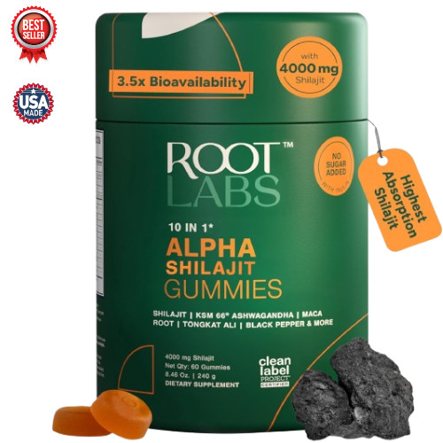 Root Labs 10-in-1 Alpha Shilajit Gummies 4000mg | Sugar-Free Vegan, 85 | 60 Pack