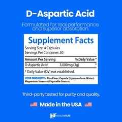 D-Aspartic Acid (DAA) 3000mg 200 Capsules DAA Premium Amino Acid HealthFare