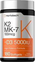 Horbäach Vitamin D3 K2 5000 iu | 100mcg MK-7 Complex | 180 Softgel Capsules | No