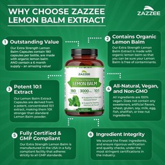 Zazzee Organic Lemon Balm 101 Extract 180 Vegan Capsules 6 Month Supply Melissa