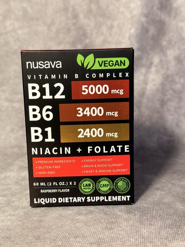 nusava Vegan Vitamin B Complex Liquid Drops Raspberry 2 fl oz x2, 2-Pack