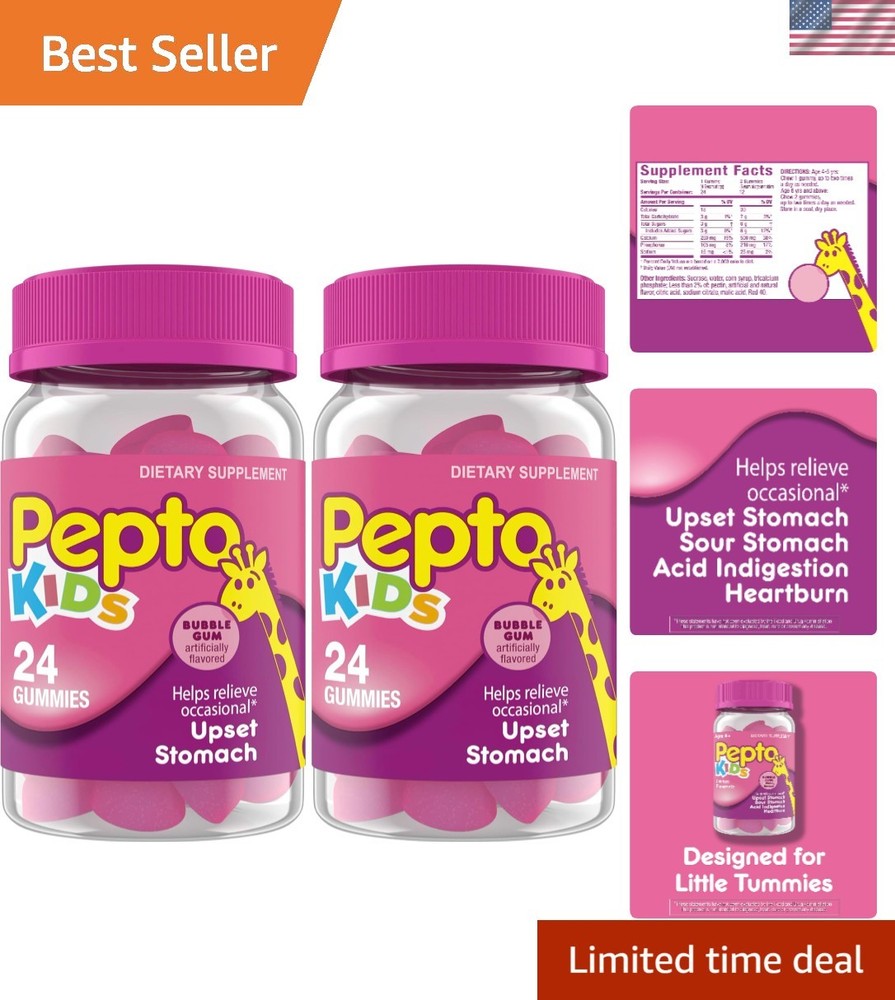 Children’s Digestive Care: Pepto Bubble Gum Gummies, 2 Packs for Stomach Relief