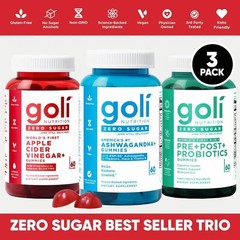 Goli Zero Sugar 3 Pack Trio ACV Ashwagandha Probiotic Wellness Gummies
