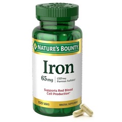 Nature’s Bounty Iron 65mg, 325 mg Ferrous Sulfate, Cellular Energy Support, 100