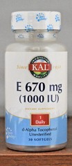 KAL E-670 mg (1000 IU) 30 Softgels d-Alpha Tocopherol Unesterified Vitamin E