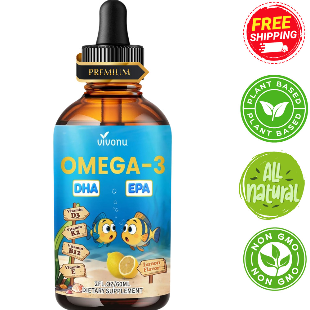 Kids Omega 3 Drops Vegan DHA EPA Liquid Vitamin Children Brain Vision Lemon 2oz