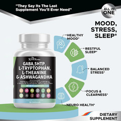 GABA, 5-HTP, L-Tryptophan, L-Theanine, Ashwagandha, Vitamin D3, B6, Magnesium