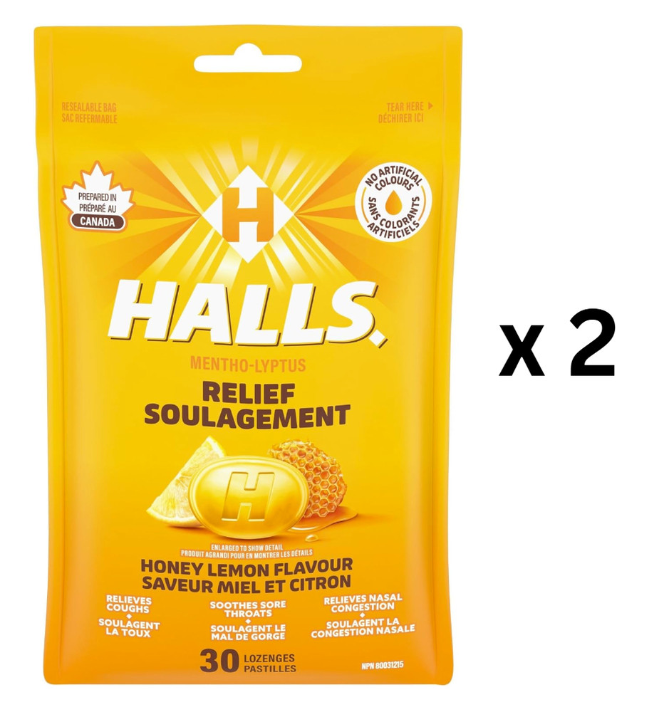 Halls Mentho-Lyptus Honey Lemon Bag, 30 Lozenges – Pack of 2