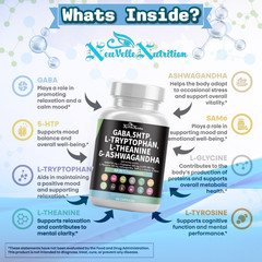 GABA, 5-HTP, L-Tryptophan, L-Theanine, Ashwagandha, Vitamin D3, B6, Magnesium