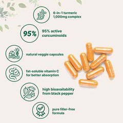 Pure Turmeric Veggie Supplement 1000mg 95% 120 Curcumin Curcuminoids Caps