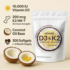 Vitamin D3 10000 iu Plus K2 (MK-7) 200 mcg, 300 Virgin Coconut Oil Softgels
