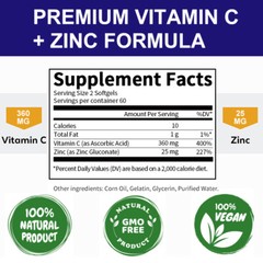 Vitamin C Capsules 360Mg with Zinc Powerful Immune Support Antioxident 60/120PC