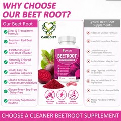 1300mg Organic Beet Root Powder Capsules, Non‑GMO, 240 Capsules, 120Day Supply