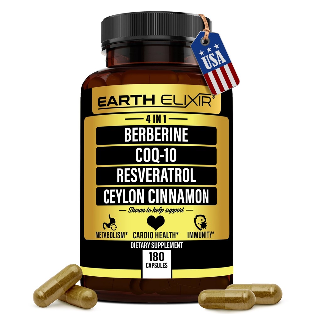 Earth Elixir 4-in-1 Berberine Supplement 1160mg 180 Caps w/ 180mg COQ10 380mg…
