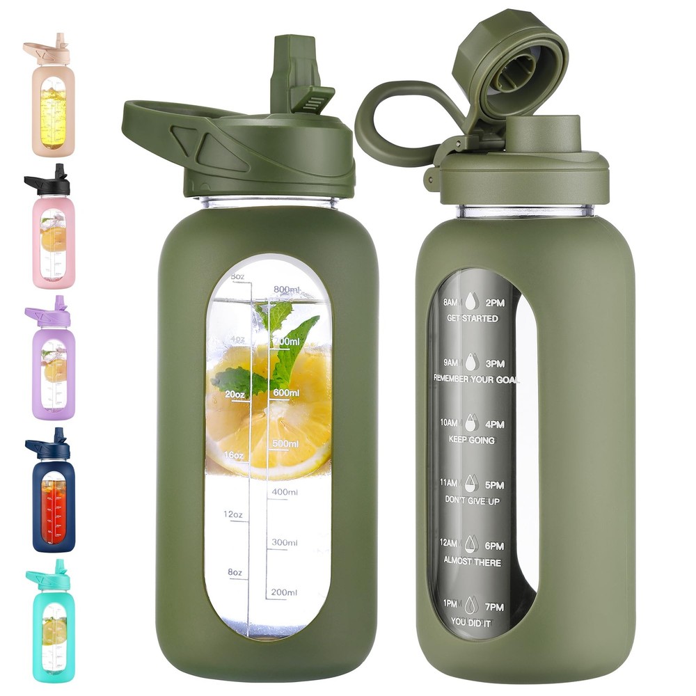 CIVAGO 32 oz Glass Water Bottle with Straw and Handle, 32 Ounces, .Army Green