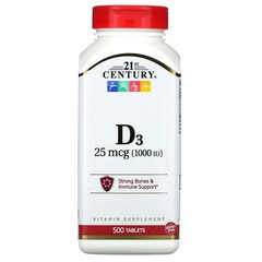 21st Century Vitamin D3 High Potency 1000 IU 500 Tablets Gluten-Free