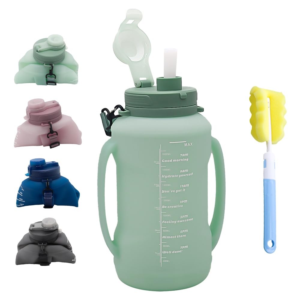 LELExilan 64oz Foldable Silicone Water Bottle with Straw, 64 Ounces, Green