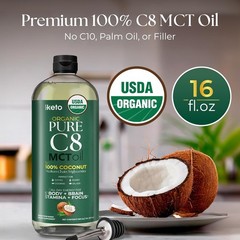 Keppi Keto Organic MCT Oil – Flavorless C8, Non-GMO, 16 Fl Oz (Pack of 1), C8