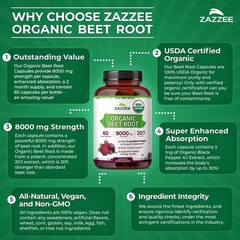 USDA Organic Beet Root 8000 mg Strength 20:1 Extract, 60 Vegan Capsules, Kosher
