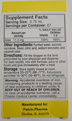 Patrin Pharma Iron Drops Ferrous Sulfate Oral Solution 50 mL 1 2/3 fl oz. 11/26
