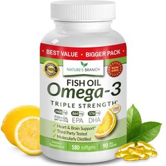 Triple Strength Omega 3 Fish Oil for Heart, Brain & Eye 180 Count (Pack of 1)