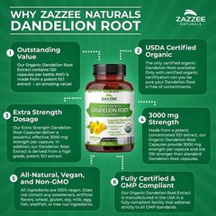 Zazzee USDA Organic Dandelion Root 10:1 Extract, 3000 mg Strength, 120…