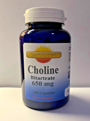 Choline Bitartrate 650mg 200 Capsules- Gluten Free