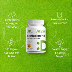 Benfotiamine 600mg Per Serving, 180 Veggie Capsules (300mg Per Cap) – Fat Solubl