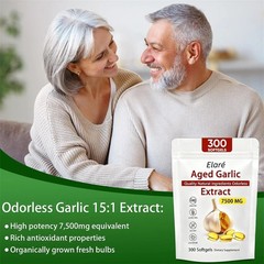 300 Softgels, 3X Elare Aged Garlic Extract, 7500mg Odorless | Heart & Immune