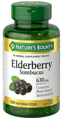Nature’s Bounty Elderberry Sambucus Supplement Softgels 630 mg 120 Ct Exp 09/26