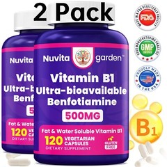 2 Pack 500MG Benfotiamine with Vitamin B1, 120 Vegetarian Capsules,Non-GMO