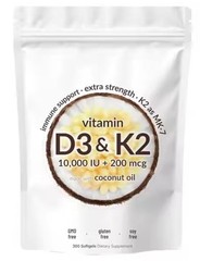 vitamins D3 10000 iu Plus K2 (MK-7) 200 mcg, 300 Virgin Coconut Oil Softgels