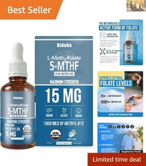 60 Servings Organic L-Methylfolate 15mg + B12 1000mcg Liquid Drops – Gluten Free