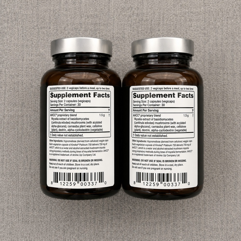 Kinoko AHCC, 2 PACK, 750 mg, 60 capsules each (120 total!) glass bottel ex 2028