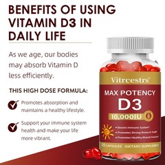 Vitrcestrs Vitamin D3 10000 IU Softgels,30/60/120 Count,Gluten Free,High Potency