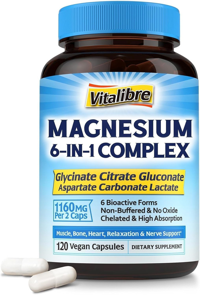 Magnesium Complex Supplement 6 in 1, 1160Mg Chelated Magnesium for Max Absorptio