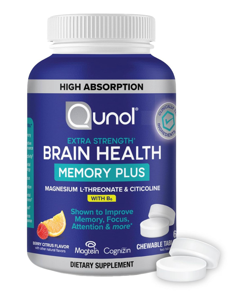 Qunol Brain Health Memory Plus Chewable 60 Tablets B6, Magnesium L-Threonate