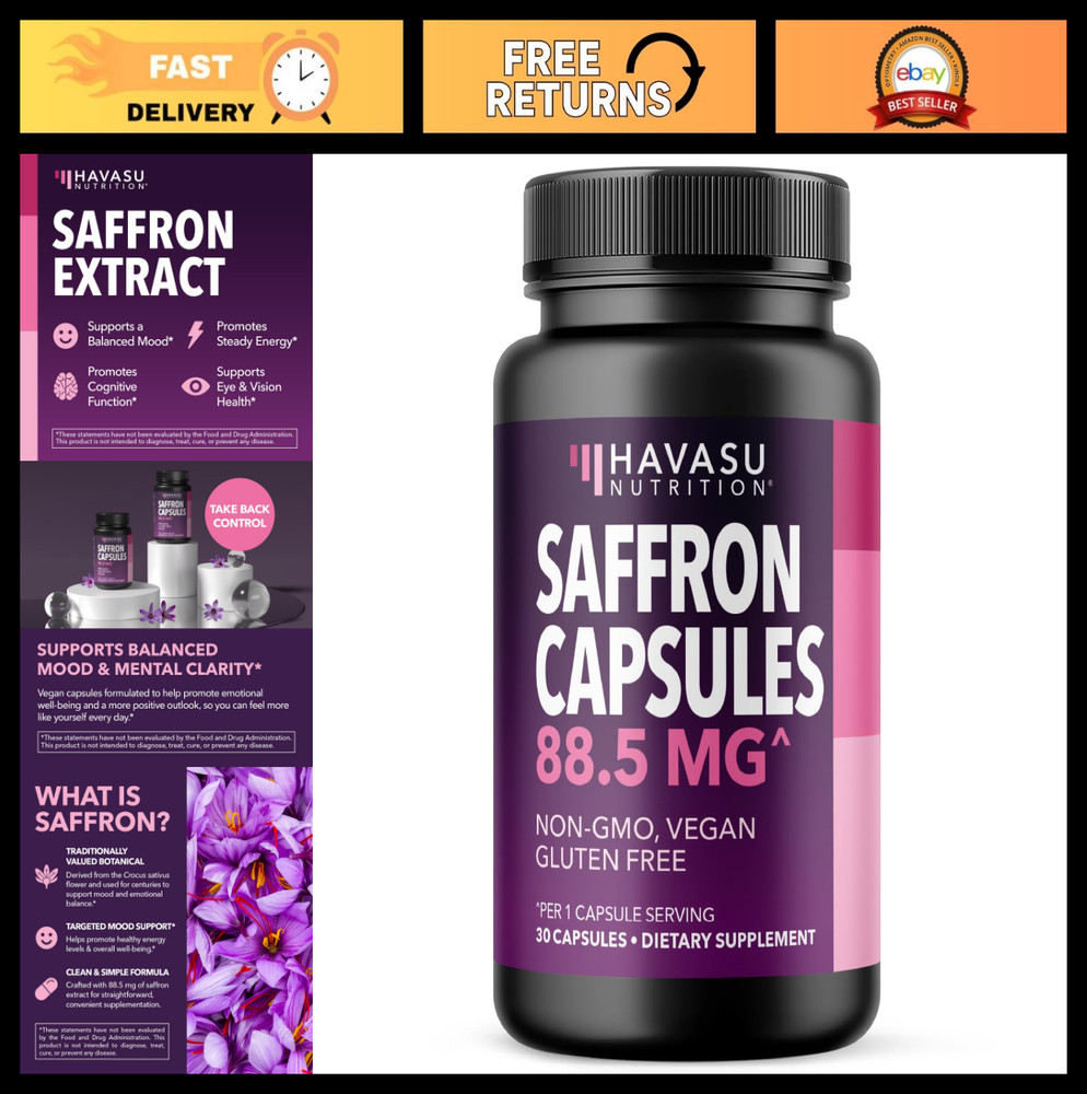 Saffron Extract Supplements – 88.5mg, Antioxidant, Mood Boost, Eye Health, Vegan